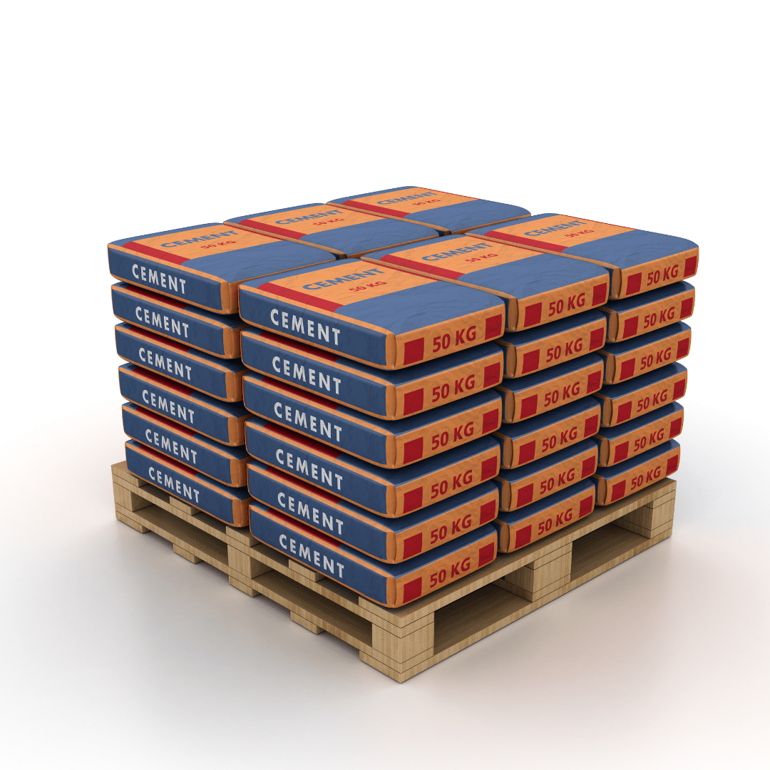 Sacchi di cemento da 50 kg su pallet.